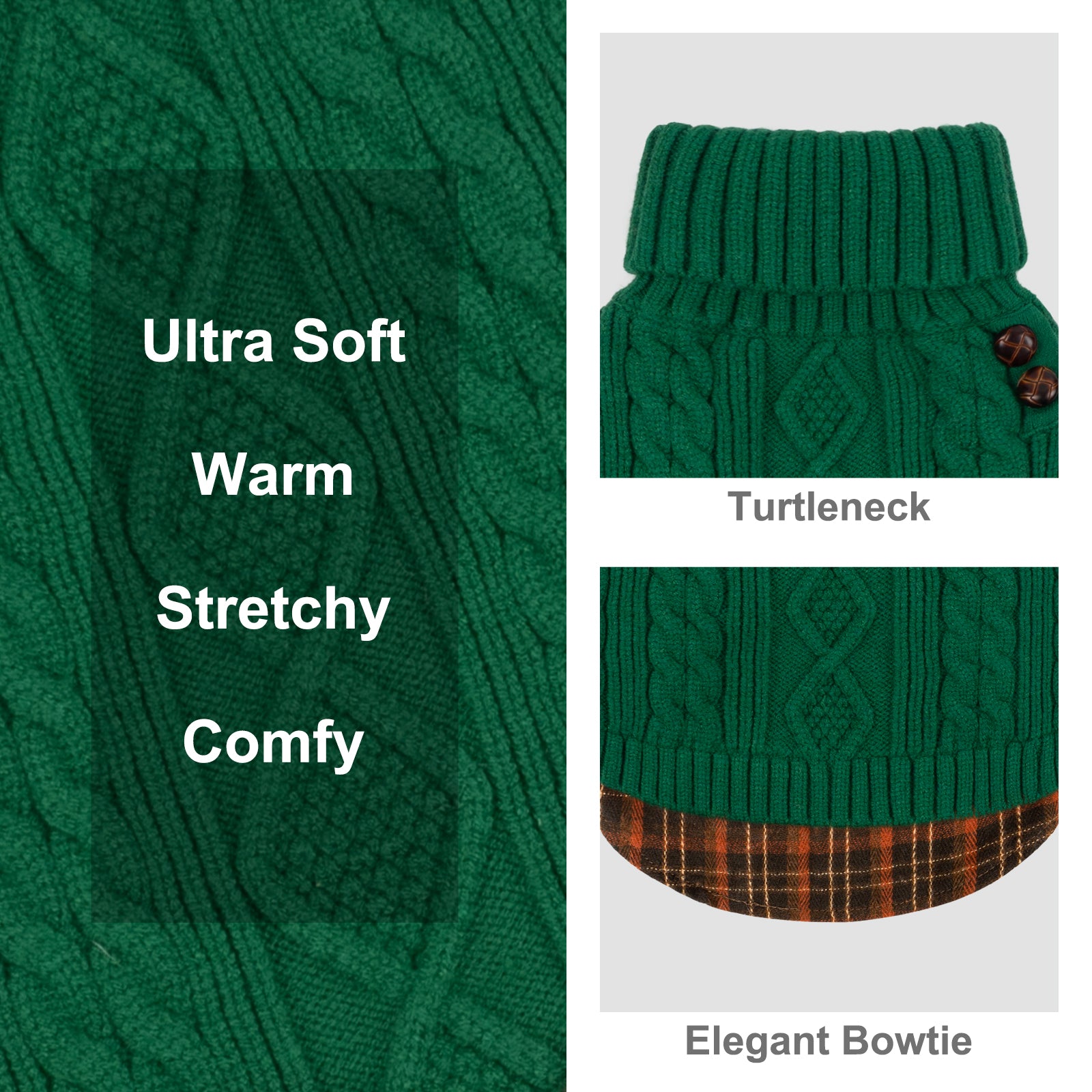 Green cable-knit turtleneck dog sweater with textured diamond and cable pattern