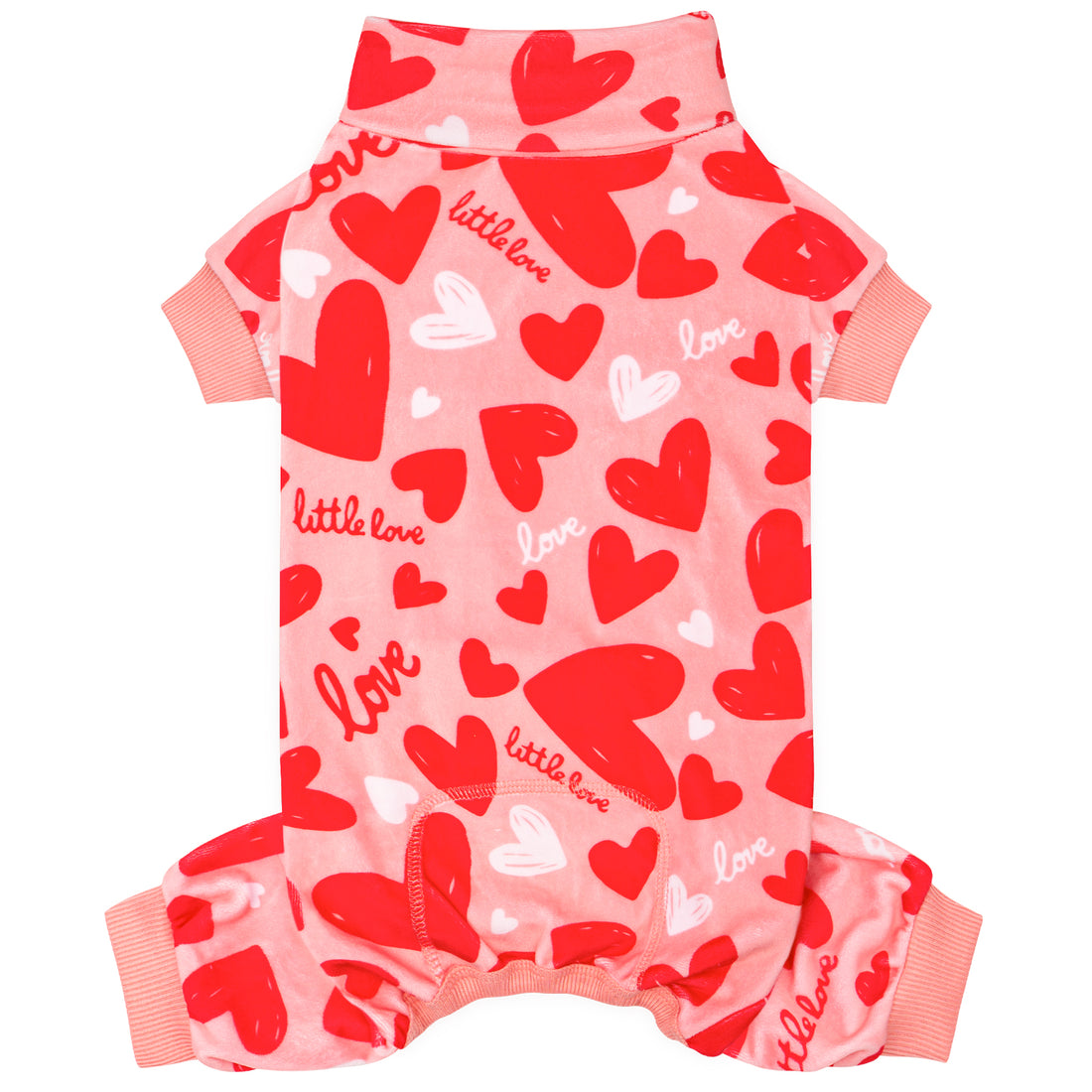Heart-print dog onesie pajama in red and white, with pink ribbed leg cuffs