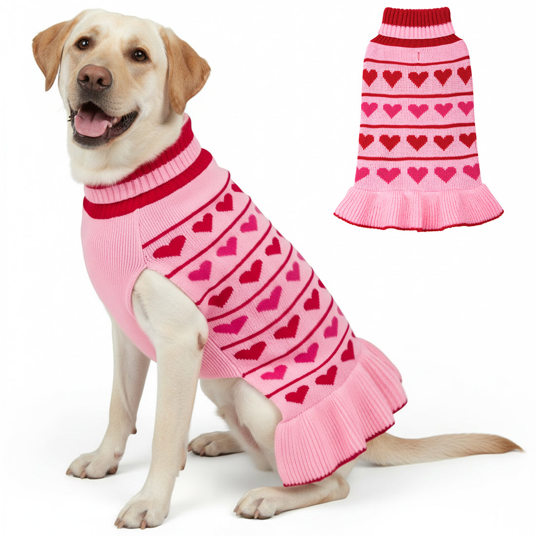 Pink heart-pattern dog sweater dress with red ribbed turtleneck and skirt
