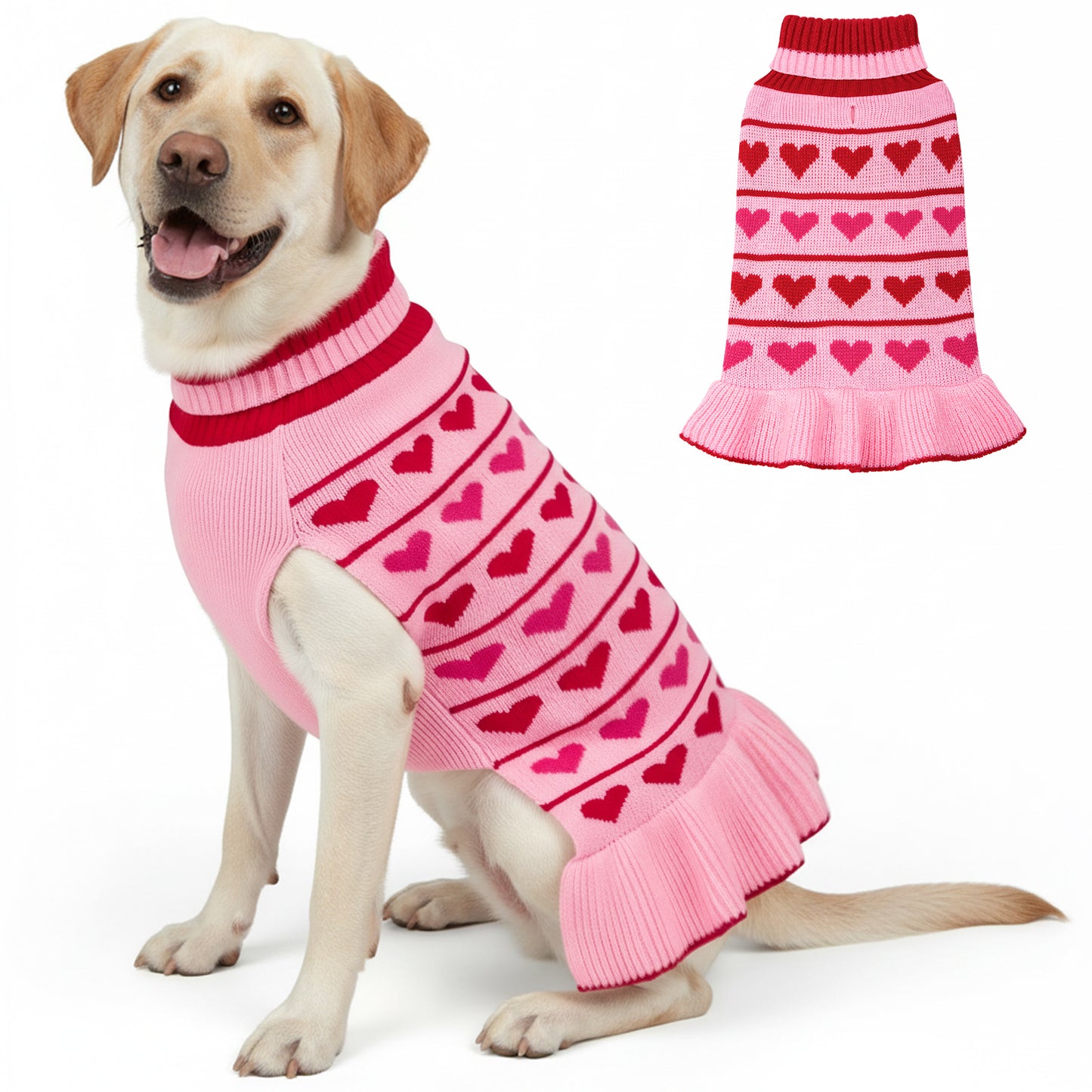 Pink heart-pattern dog sweater dress with red ribbed turtleneck and skirt
