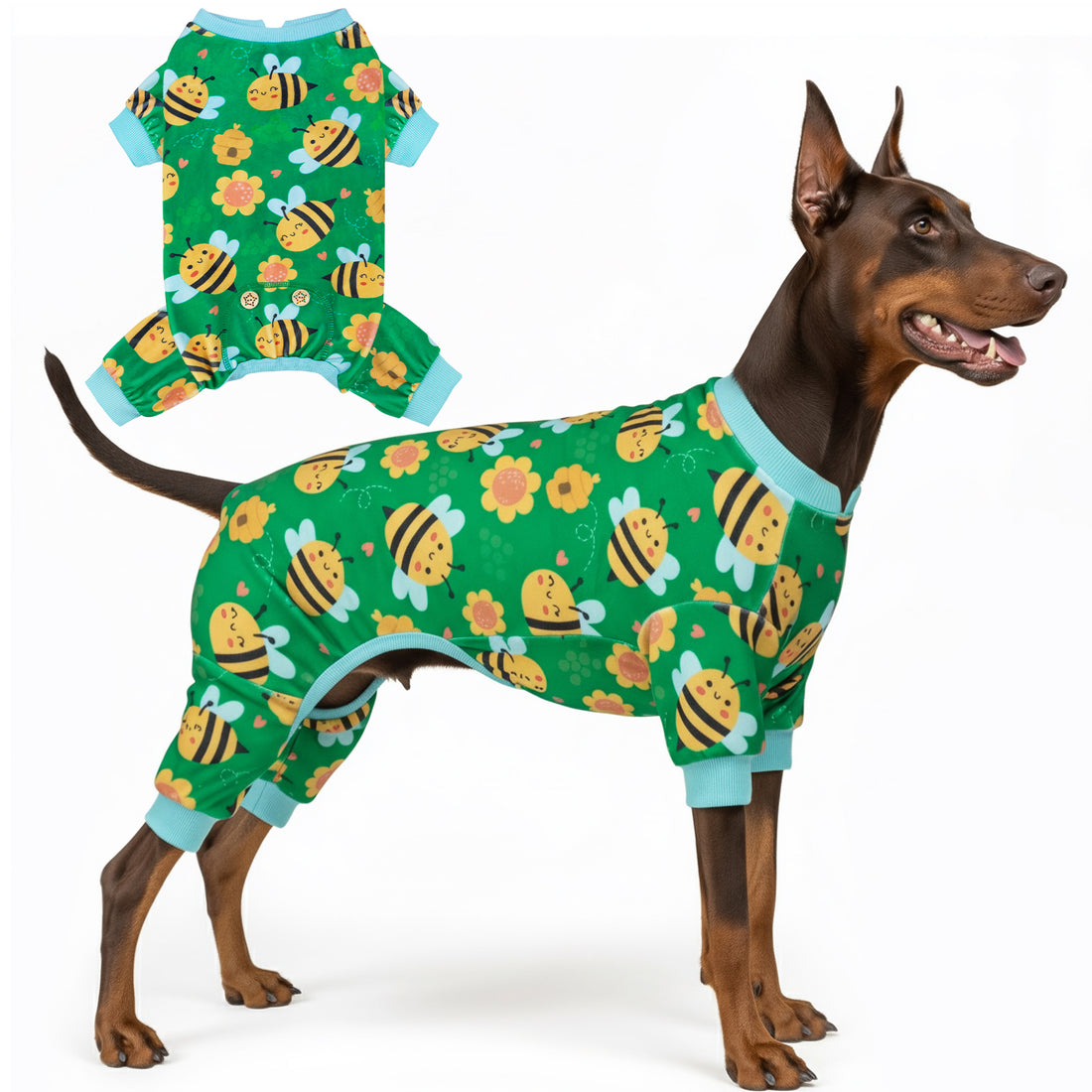 Green dog onesie pajamas with bee and flower print, light blue neck and leg cuffs, side view.