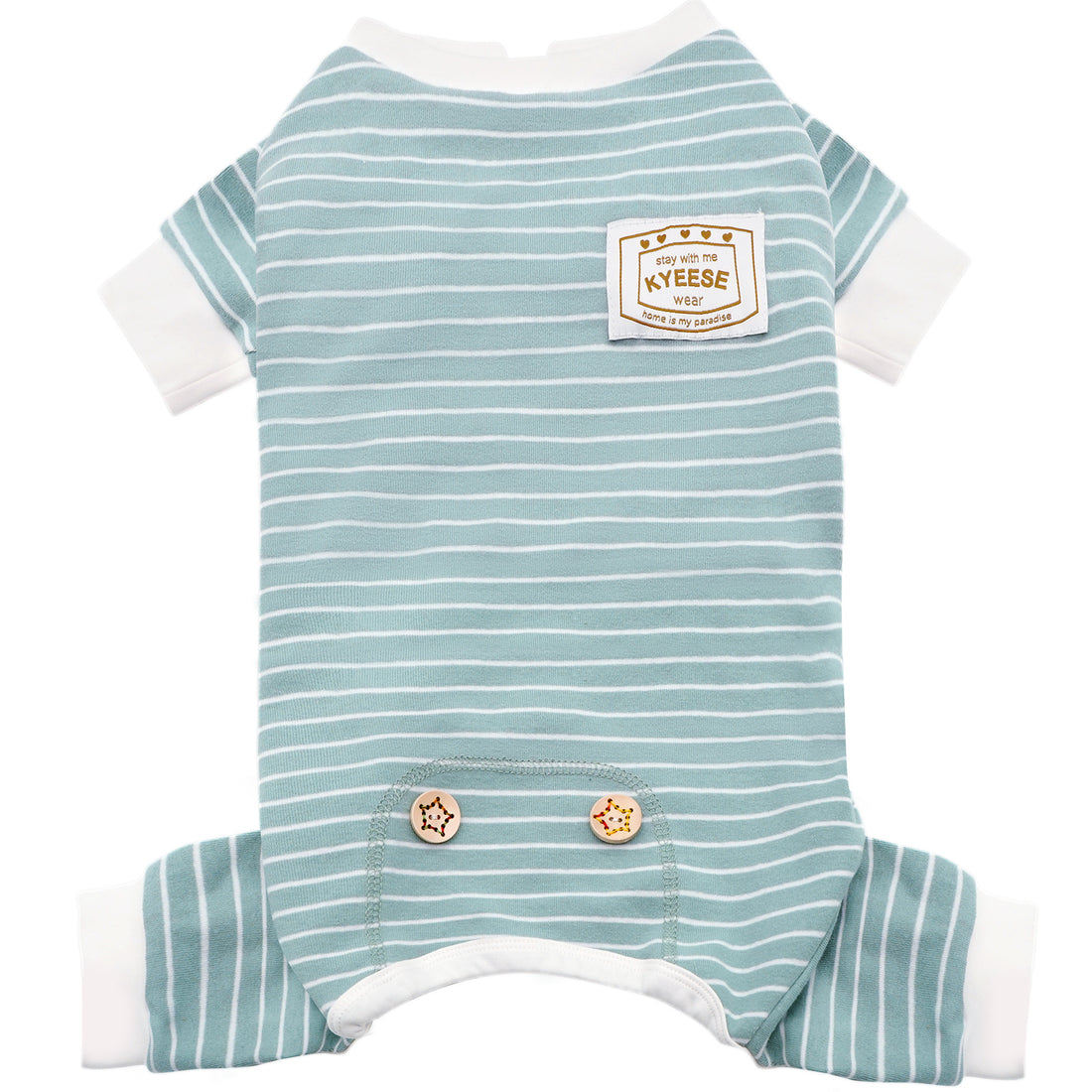 Teal striped dog onesie pajamas with KYEESE chest patch and two snap buttons