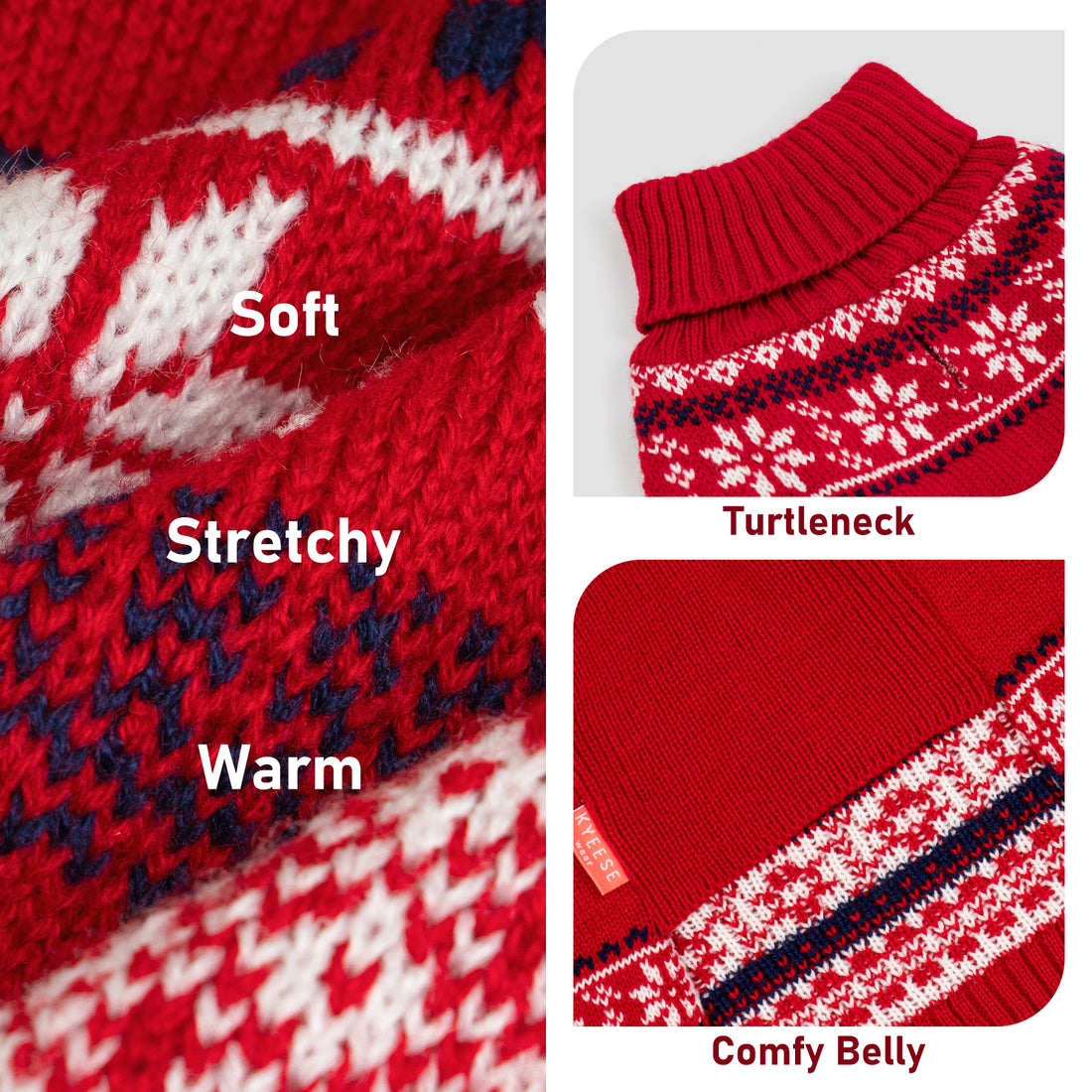 Red knit dog sweater detail: fair isle pattern, ribbed turtleneck, belly panel