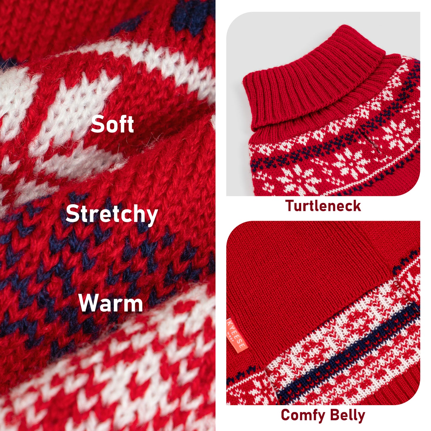 Red knit dog sweater detail: fair isle pattern, ribbed turtleneck, belly panel