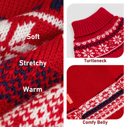 Red knit dog sweater detail: fair isle pattern, ribbed turtleneck, belly panel