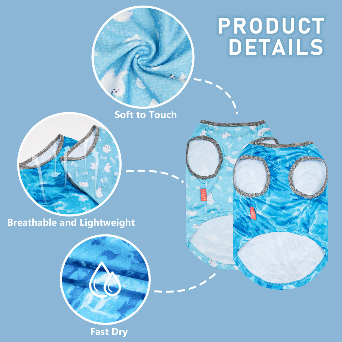 Breathable dog cooling shirt with large circular cutouts; product details graphic shows features