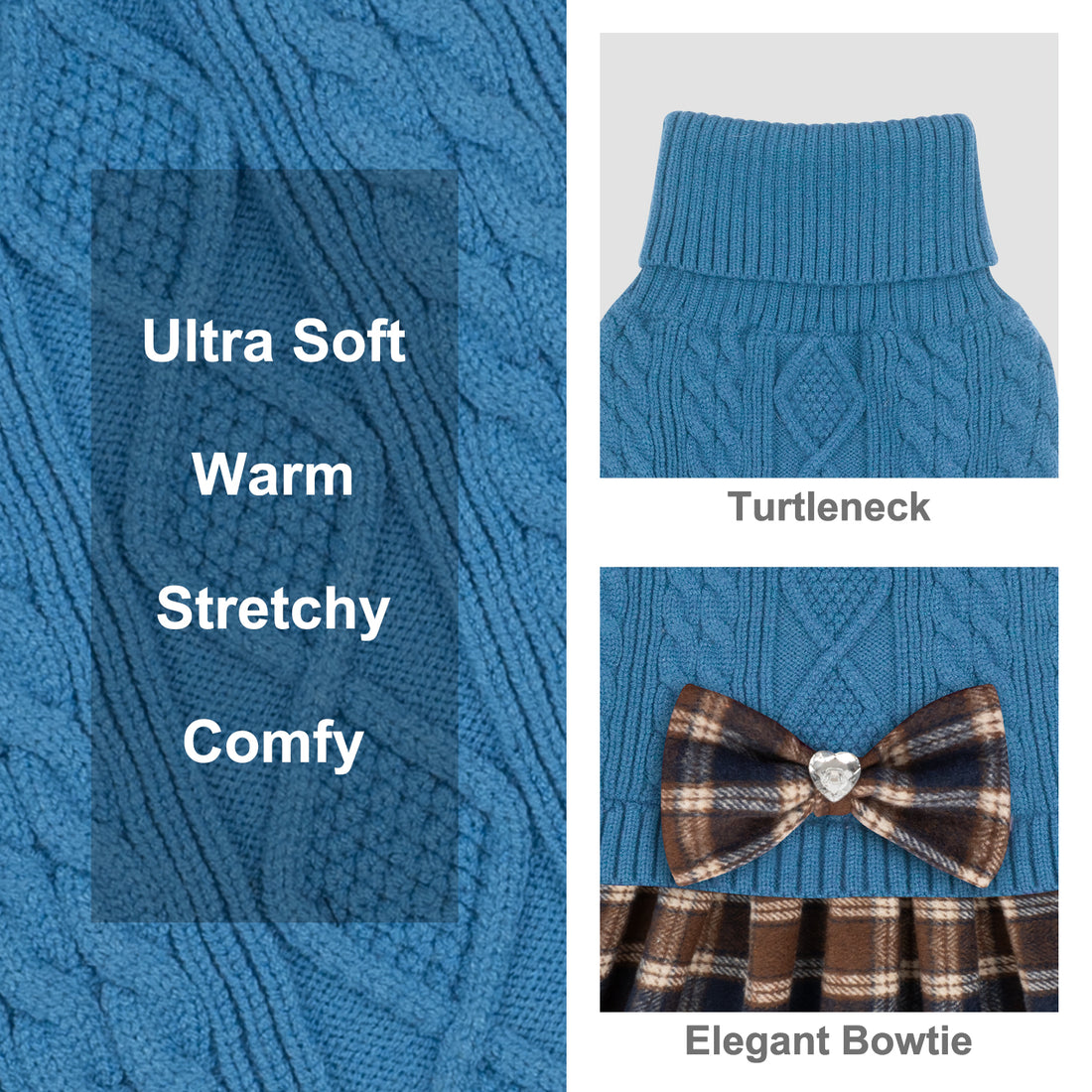 Blue cable knit dog sweater with turtleneck and plaid ruffle hem, bow detail