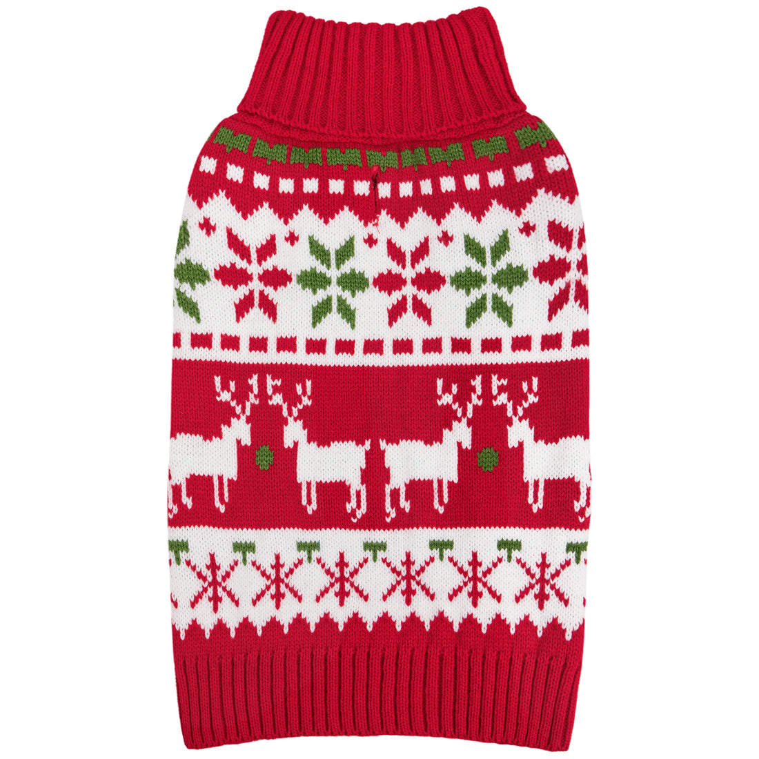 Red knit dog sweater with white snowflake and reindeer jacquard pattern, ribbed collar and hem