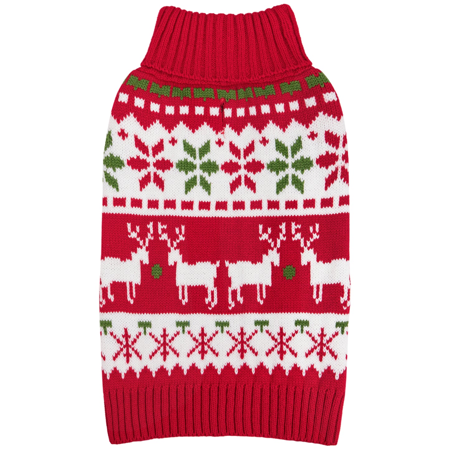 Red knit dog sweater with white snowflake and reindeer jacquard pattern, ribbed collar and hem