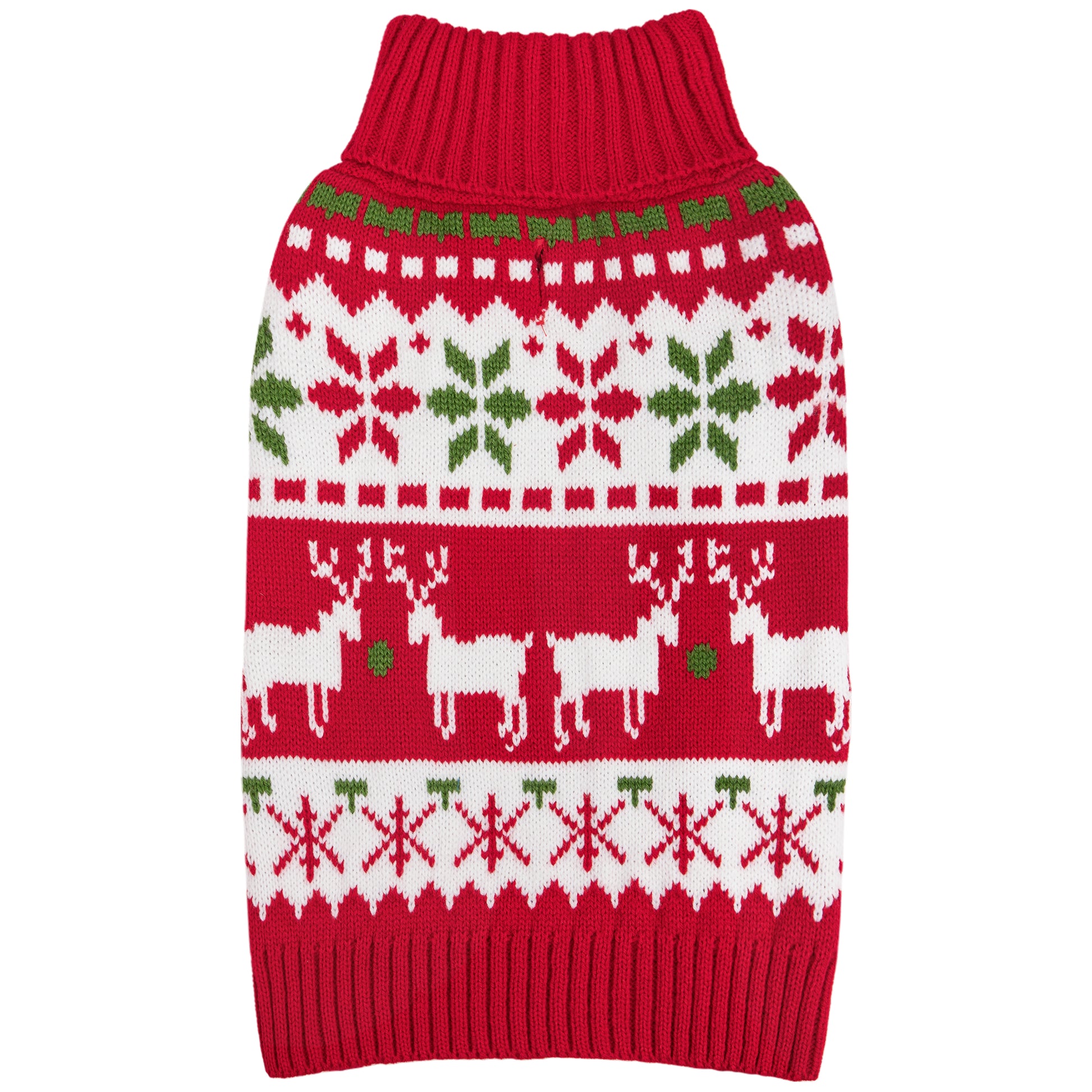 Red knit dog sweater with white snowflake and reindeer jacquard pattern, ribbed collar and hem