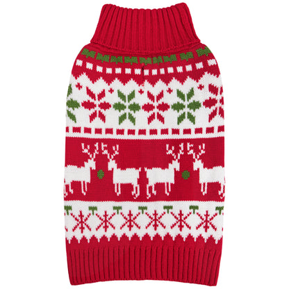 Red knit dog sweater with white snowflake and reindeer jacquard pattern, ribbed collar and hem