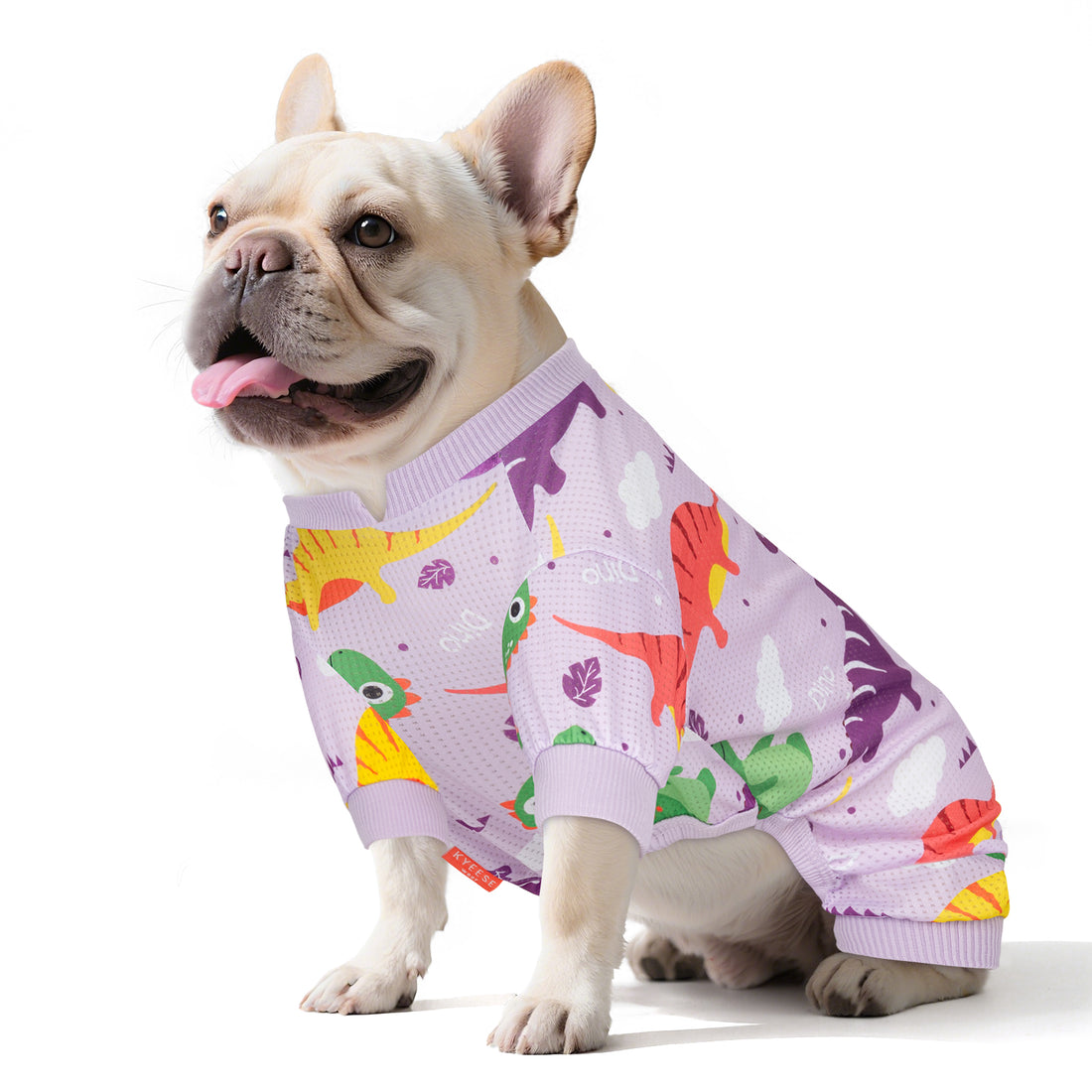 Purple dinosaur-print dog mesh onesie pajamas with ribbed round neck and leg cuffs
