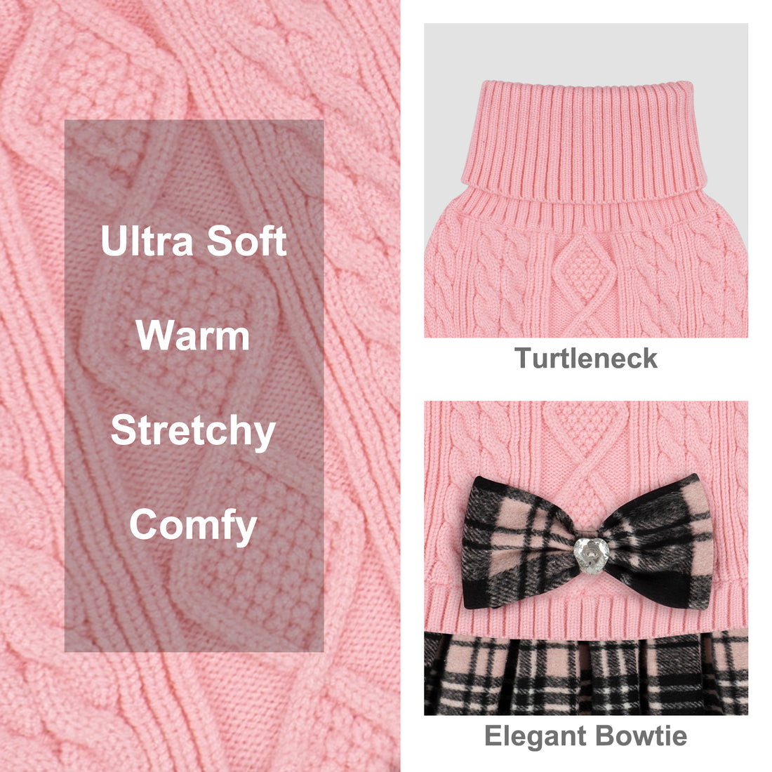 Pink cable-knit dog sweater with turtleneck, plaid ruffle skirt and bow