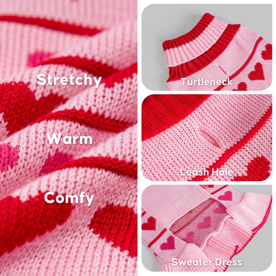 Pink knit sweater dress close-up with red heart motifs and ribbed turtleneck