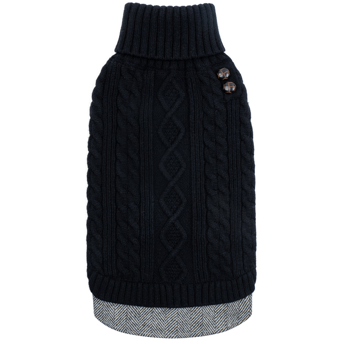 Black dog sweater with cable knit turtleneck, side buttons and gray hem, flat lay