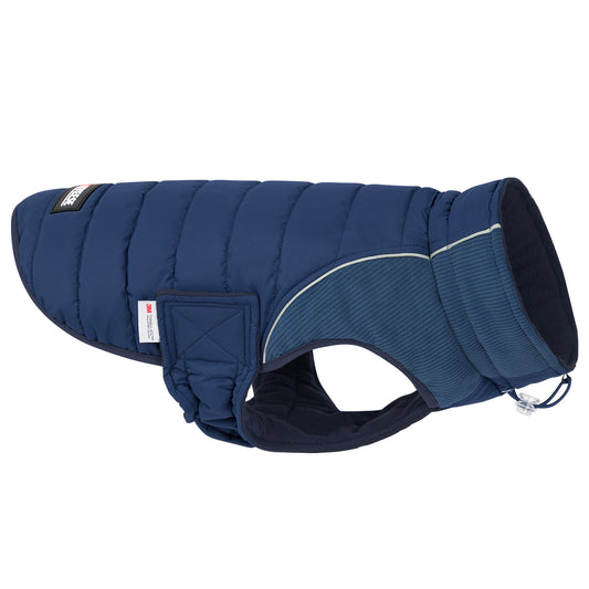 Blue waterproof dog coat with quilted back, reflective piping and side closure, flat lay