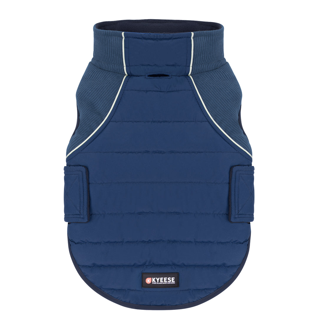 Back view of blue quilted dog coat with tall collar, reflective piping and side tabs
