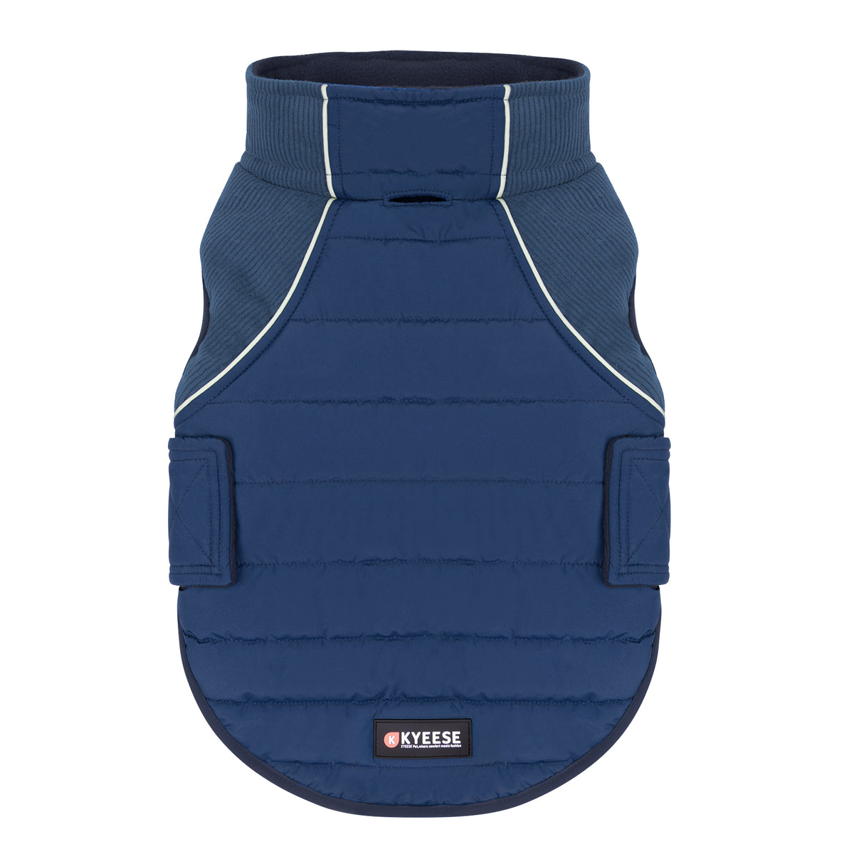 Back view of blue quilted dog coat with tall collar, reflective piping and side tabs