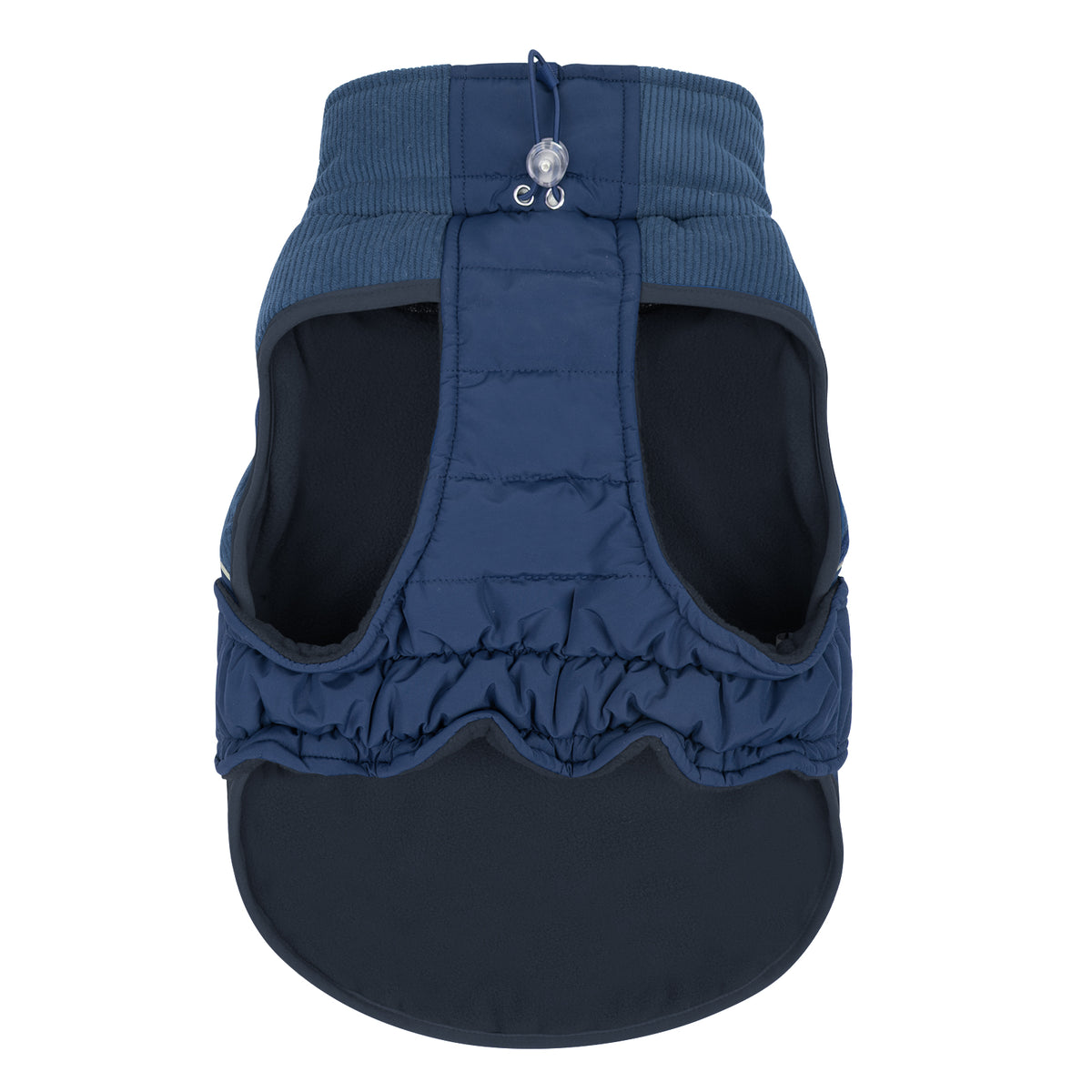 Underside of blue dog coat showing belly panel, leg openings and neck drawstring