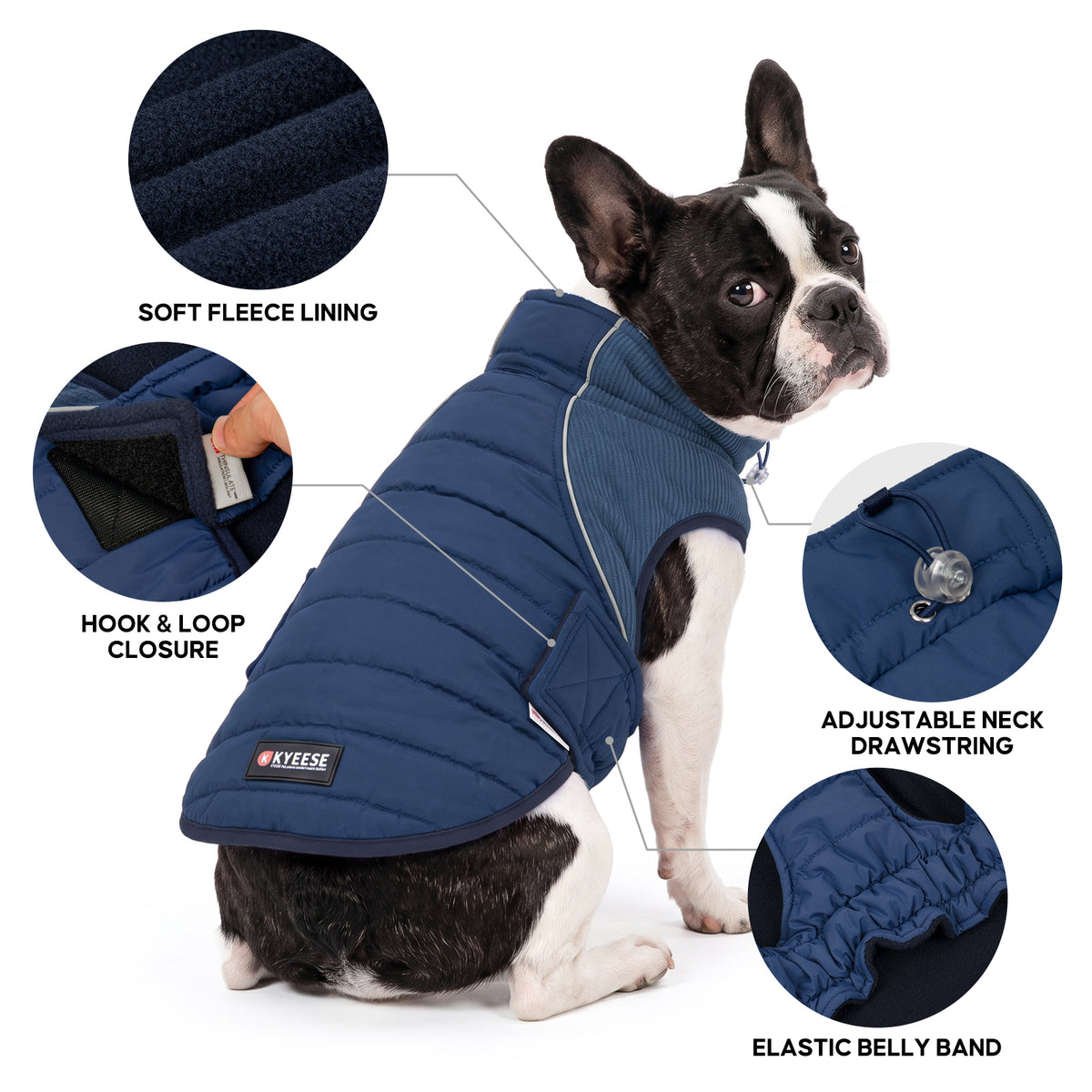 Dog in blue quilted coat with close-ups of fleece lining, hook and loop tab and drawstring