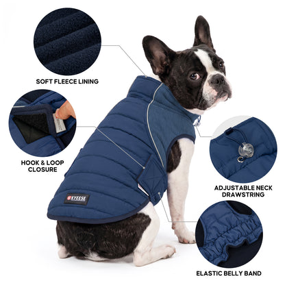 Dog in blue quilted coat with close-ups of fleece lining, hook and loop tab and drawstring
