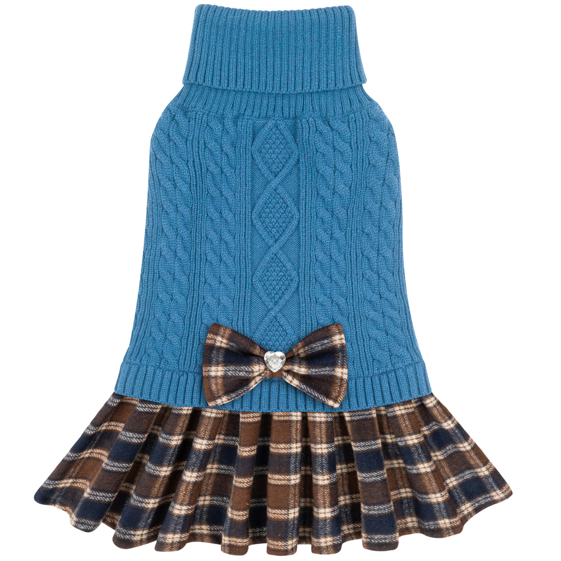 Blue cable knit dog sweater with turtleneck, plaid ruffle hem, and plaid bow