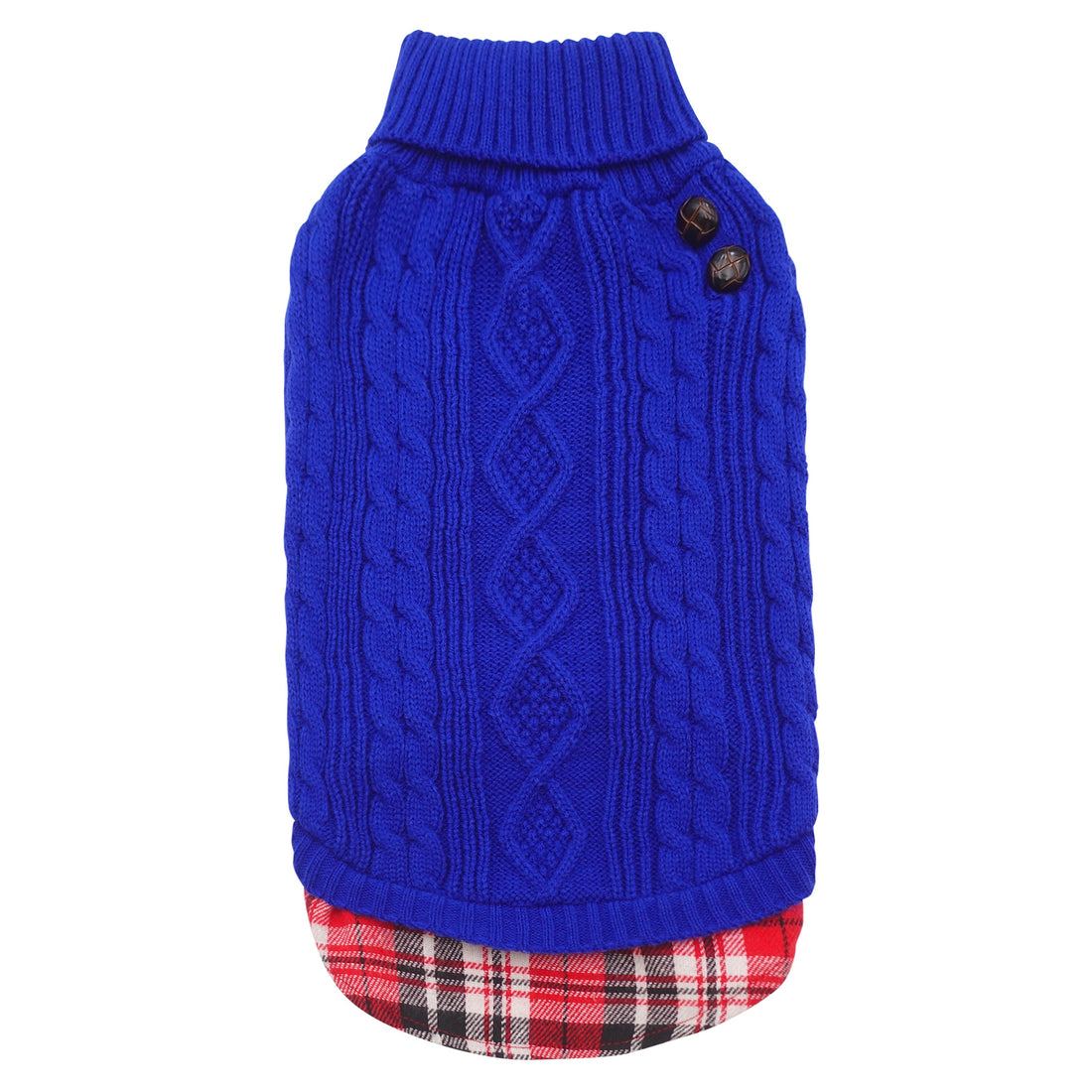 Blue turtleneck dog sweater with cable knit texture and two button chest closure