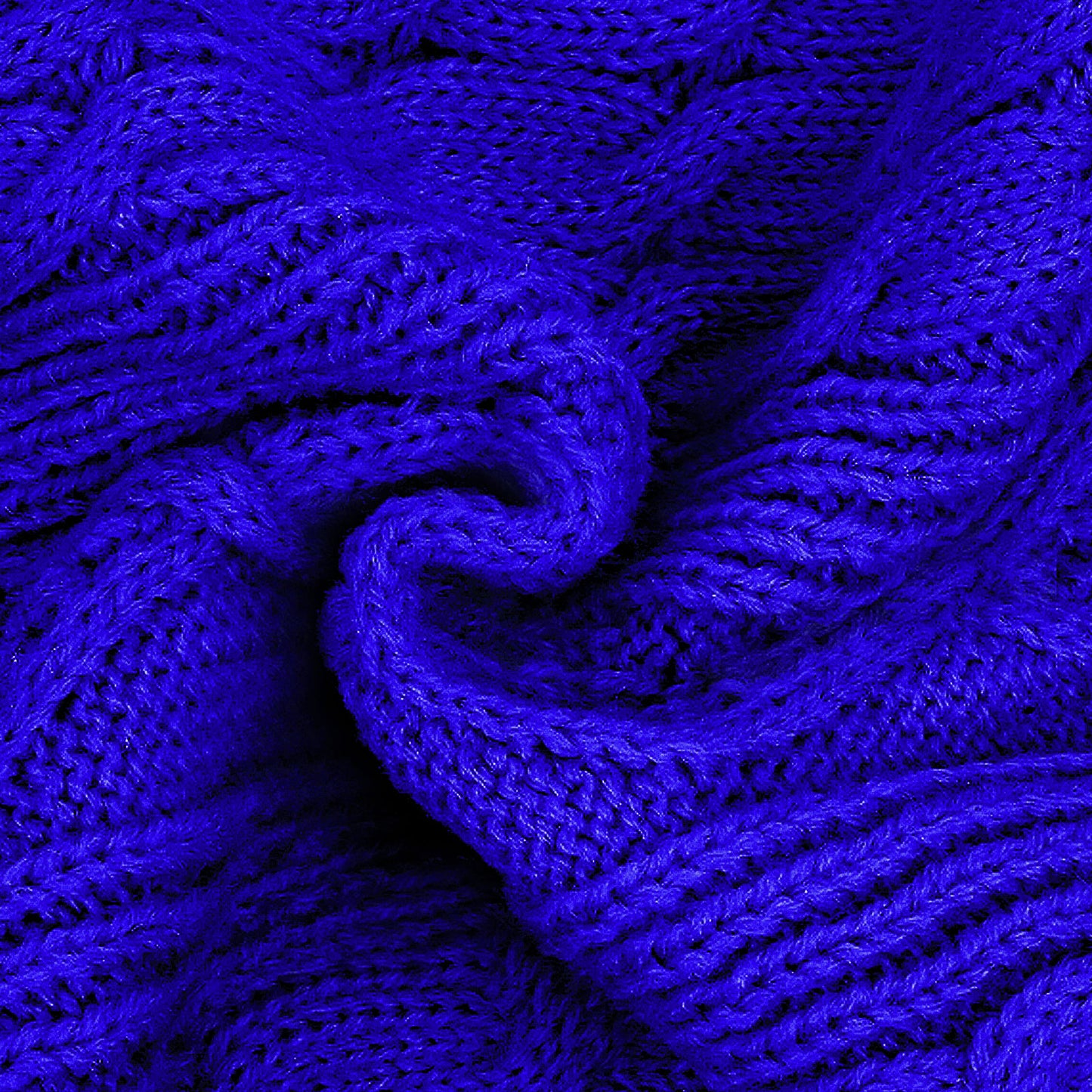 Blue cable-knit dog sweater fabric with textured raised stitch pattern
