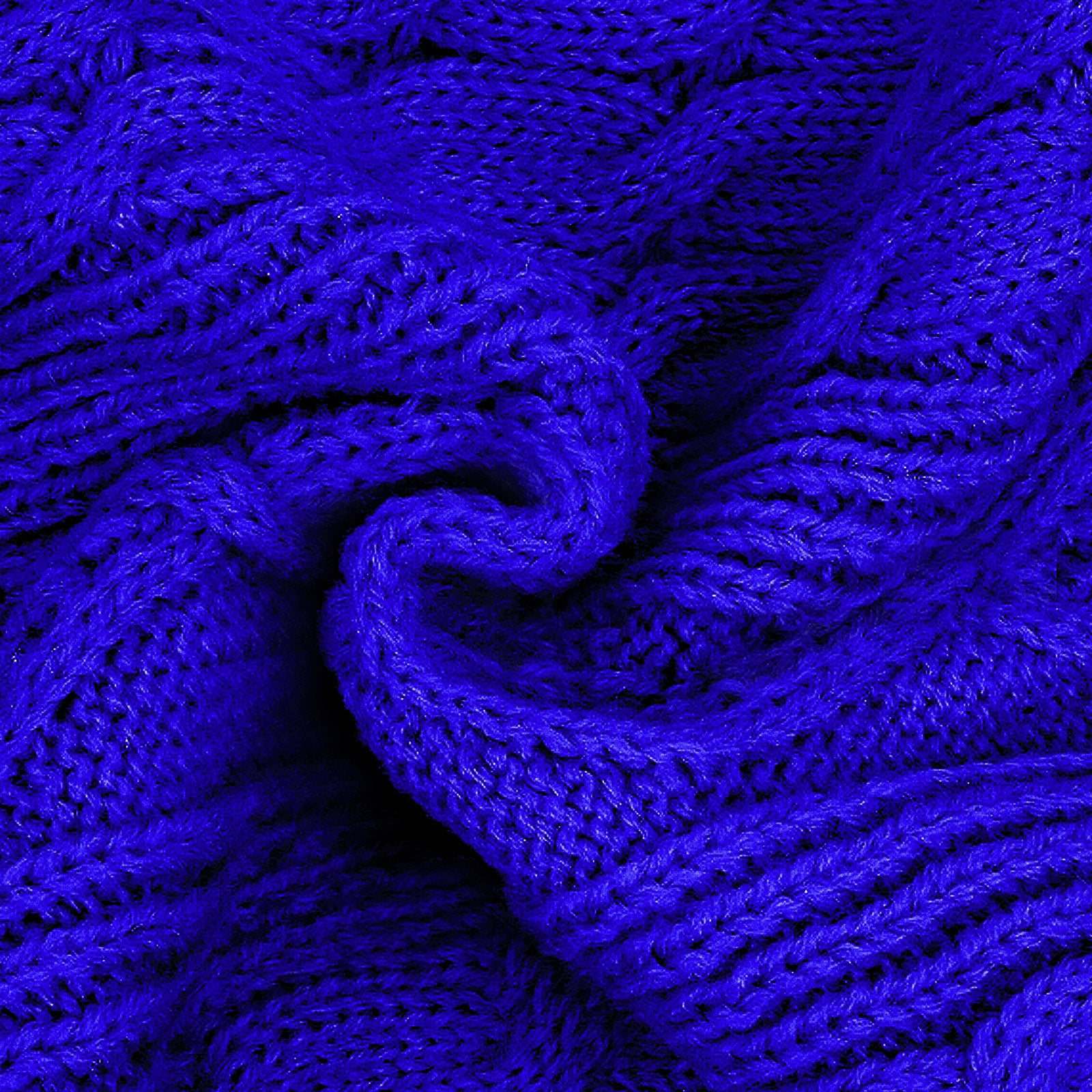 Blue cable-knit dog sweater fabric with textured raised stitch pattern