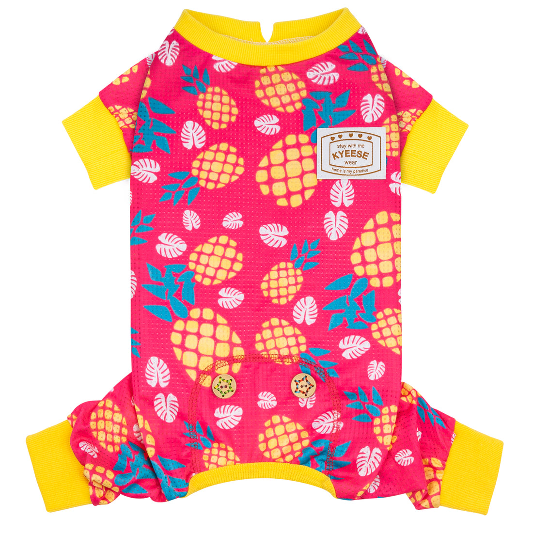 Red dog onesie with bright yellow ribbed neck and pineapple fruit pattern, short sleeves