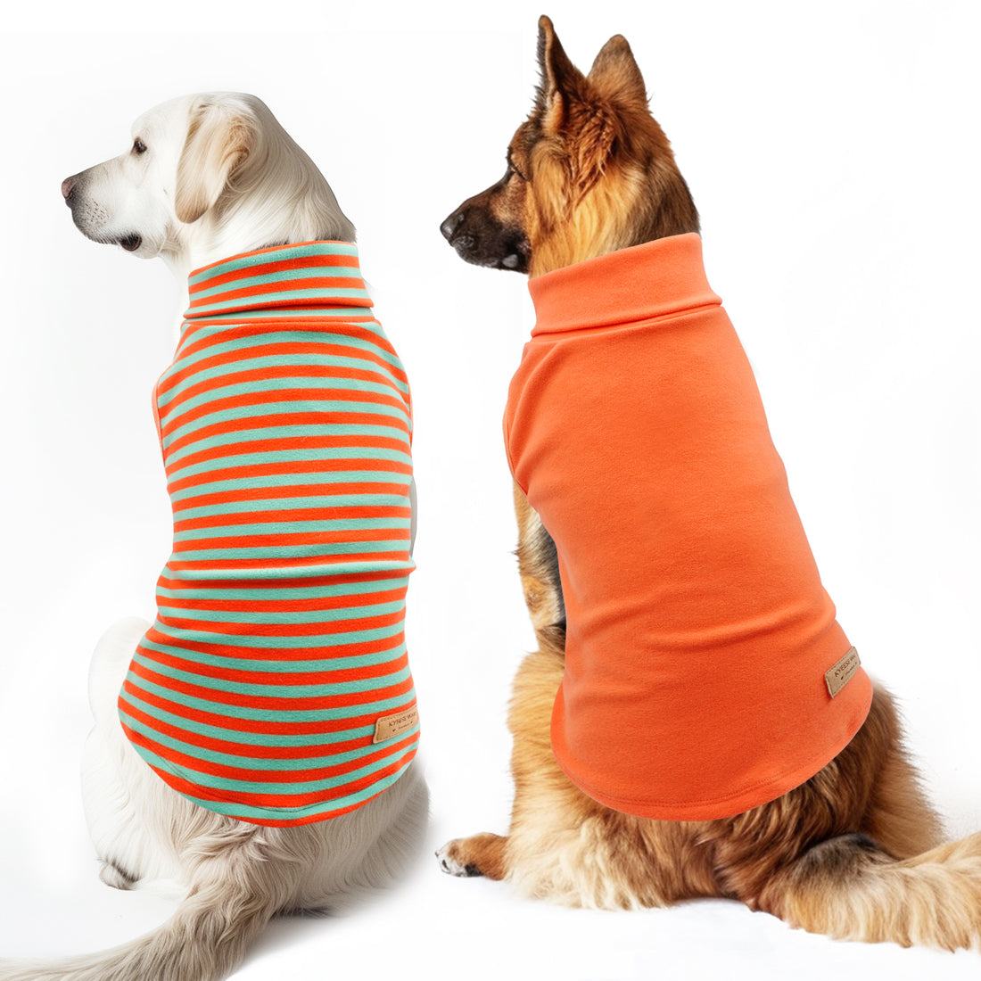 Dog sleeveless velvet sweater 2-pack: striped turtleneck tank and solid orange tank