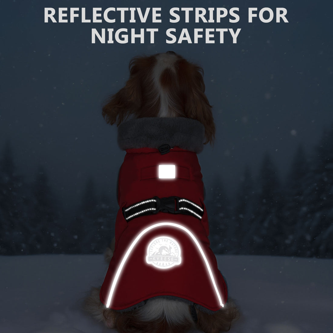 Red fleece-lined dog coat with reflective strips and grey collar for night visibility