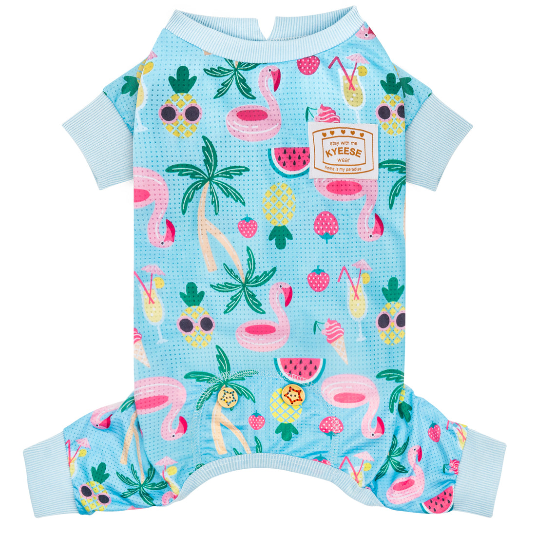 Light blue dog onesie pajamas with tropical fruit print and ribbed short sleeves