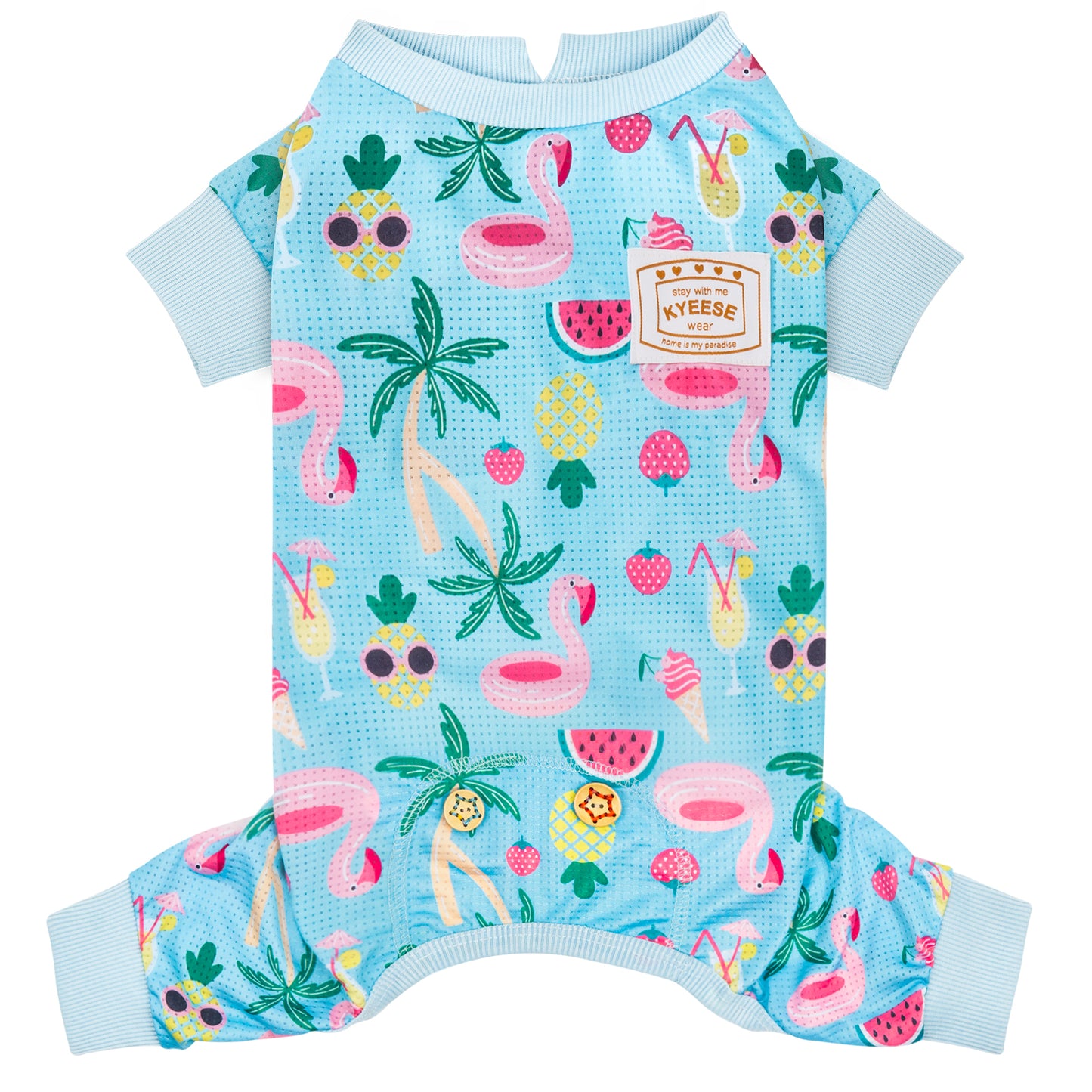 Light blue dog onesie pajamas with tropical fruit print and ribbed short sleeves