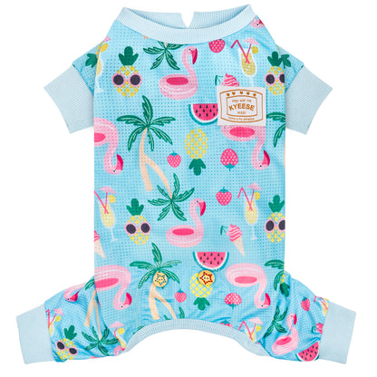 Light blue dog onesie pajamas with tropical fruit print and ribbed short sleeves