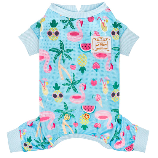 Light blue dog onesie pajamas with tropical fruit print and ribbed short sleeves