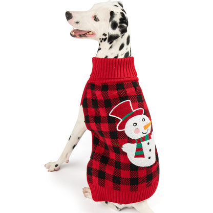 Dog sweater in red and black plaid with snowman applique and ribbed turtleneck