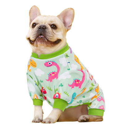 Dinosaur-print dog onesie pajamas in light aqua with green ribbed neck and cuffs