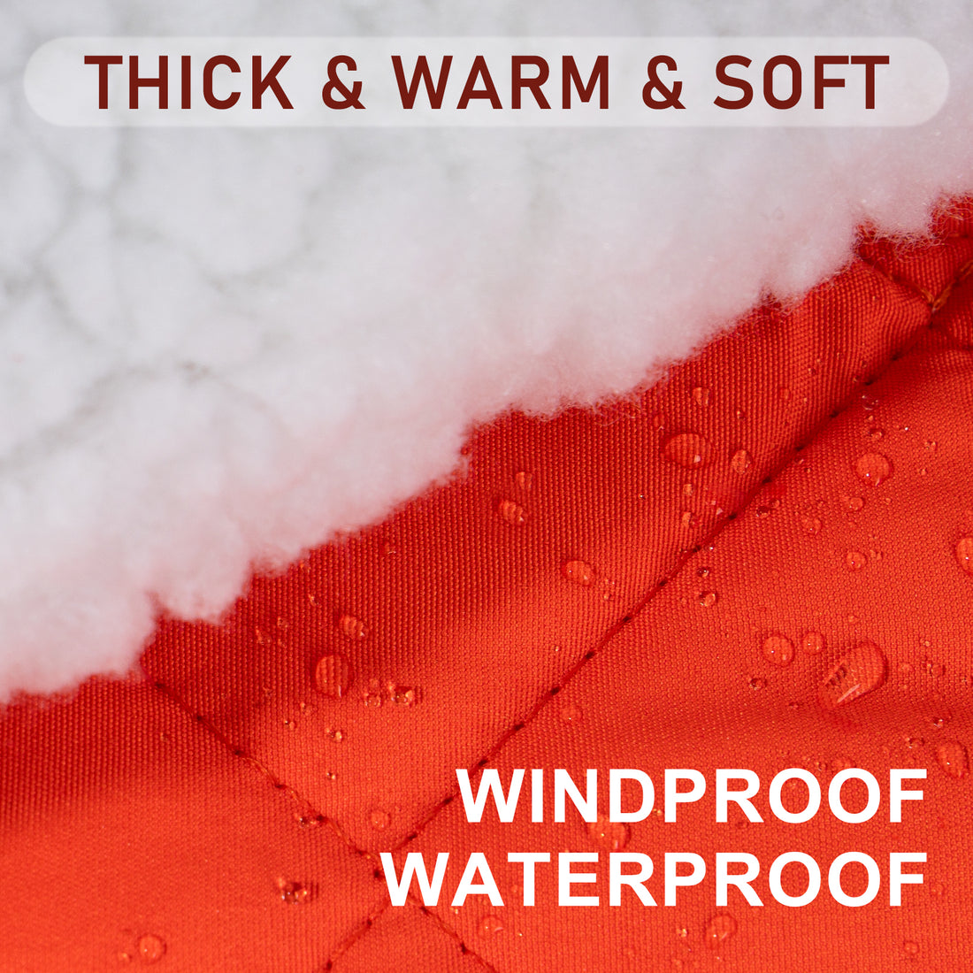 Quilted dog coat fabric close-up with water beads and padded insulation in red/orange