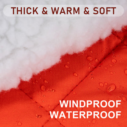 Quilted dog coat fabric close-up with water beads and padded insulation in red/orange
