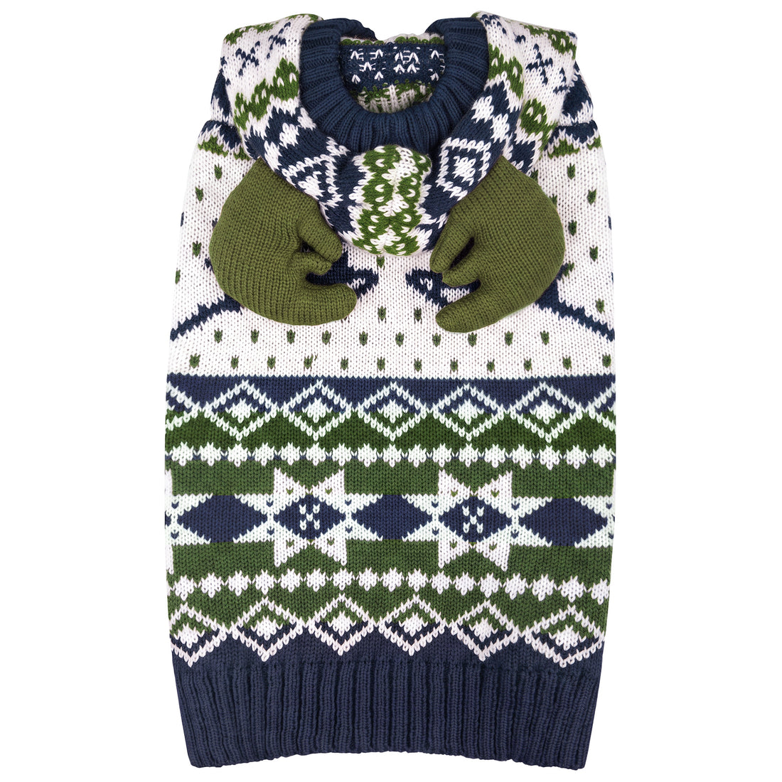 Navy Christmas reindeer hooded dog sweater laid flat with olive antlers, white snowflakes and green Fair Isle pattern