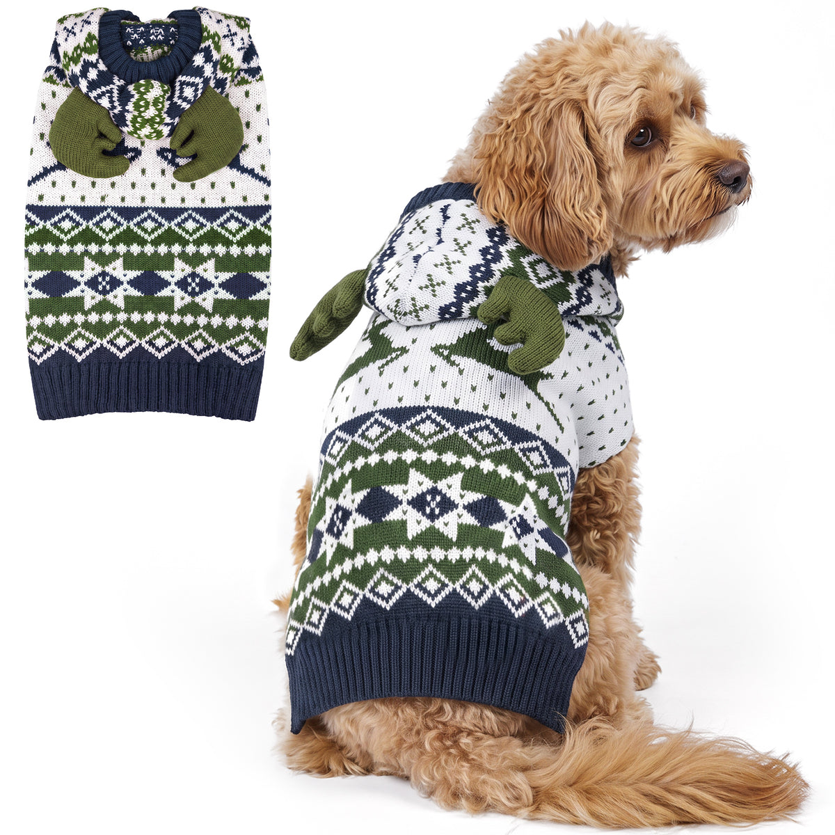 Small tan dog wearing navy green Fair Isle reindeer hooded sweater beside a flat lay