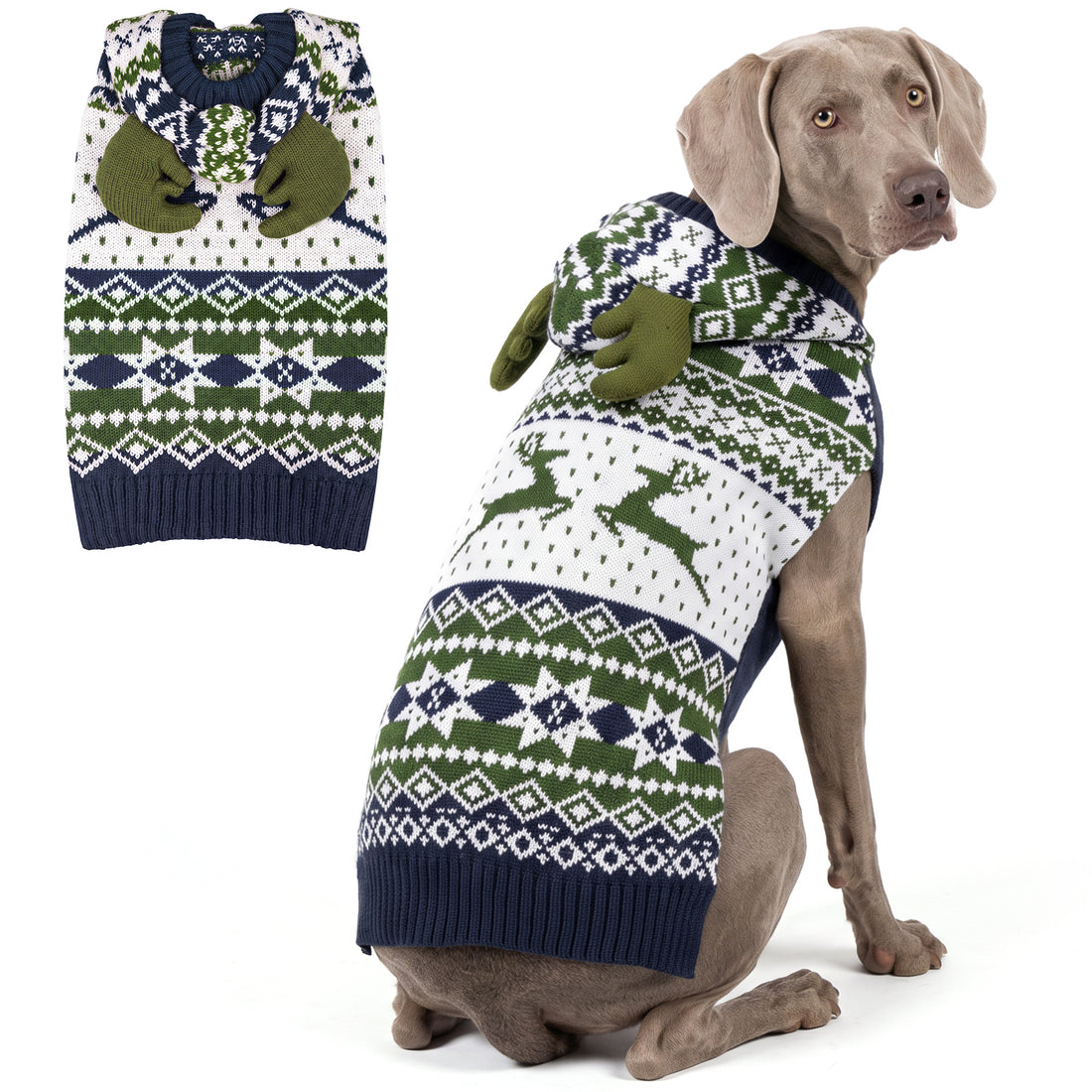 Large gray dog wearing navy green Fair Isle reindeer hooded sweater beside a flat lay
