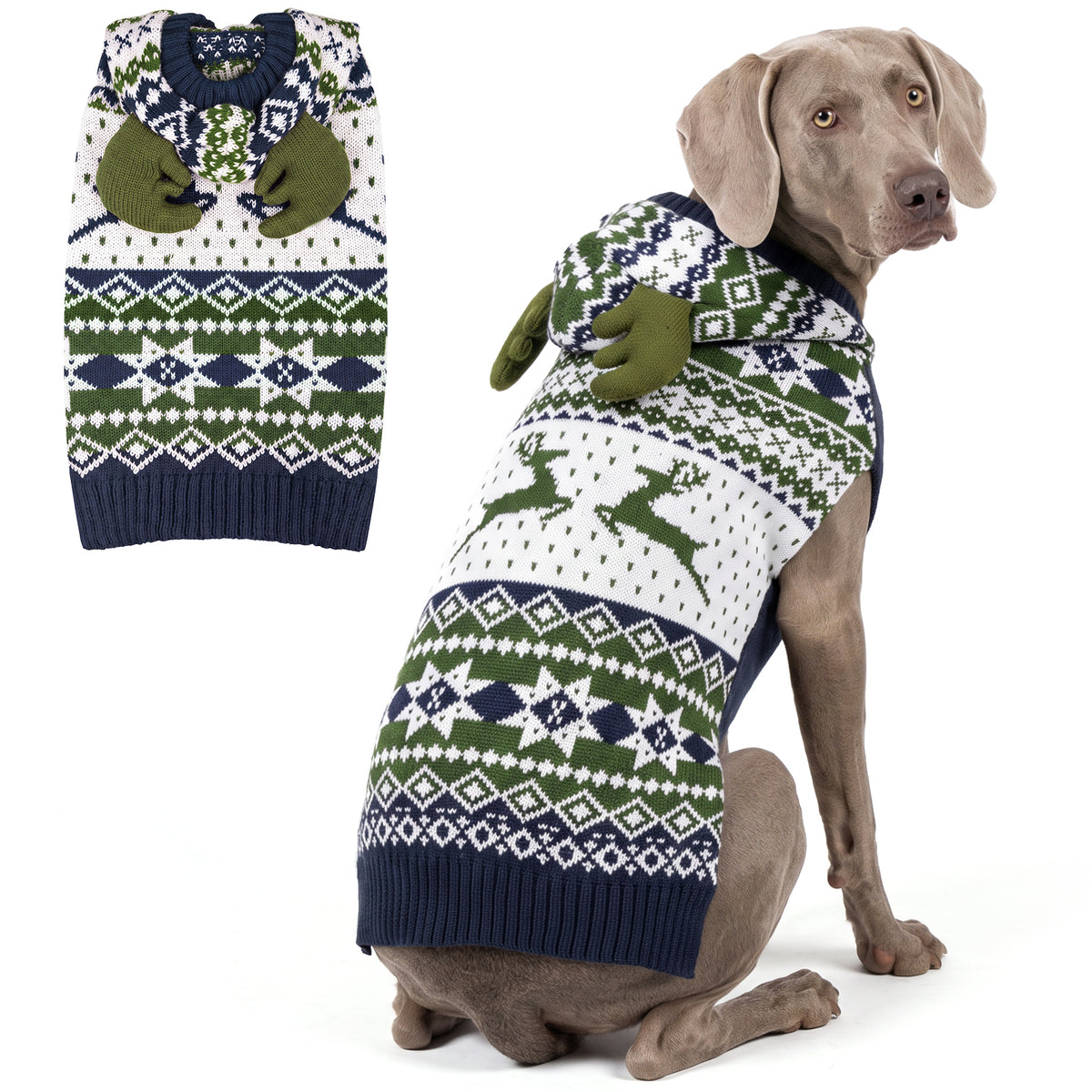 Large gray dog wearing navy green Fair Isle reindeer hooded sweater beside a flat lay