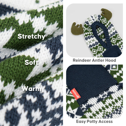 Navy reindeer sweater details showing soft stretchy knit, antler hood and navy belly opening