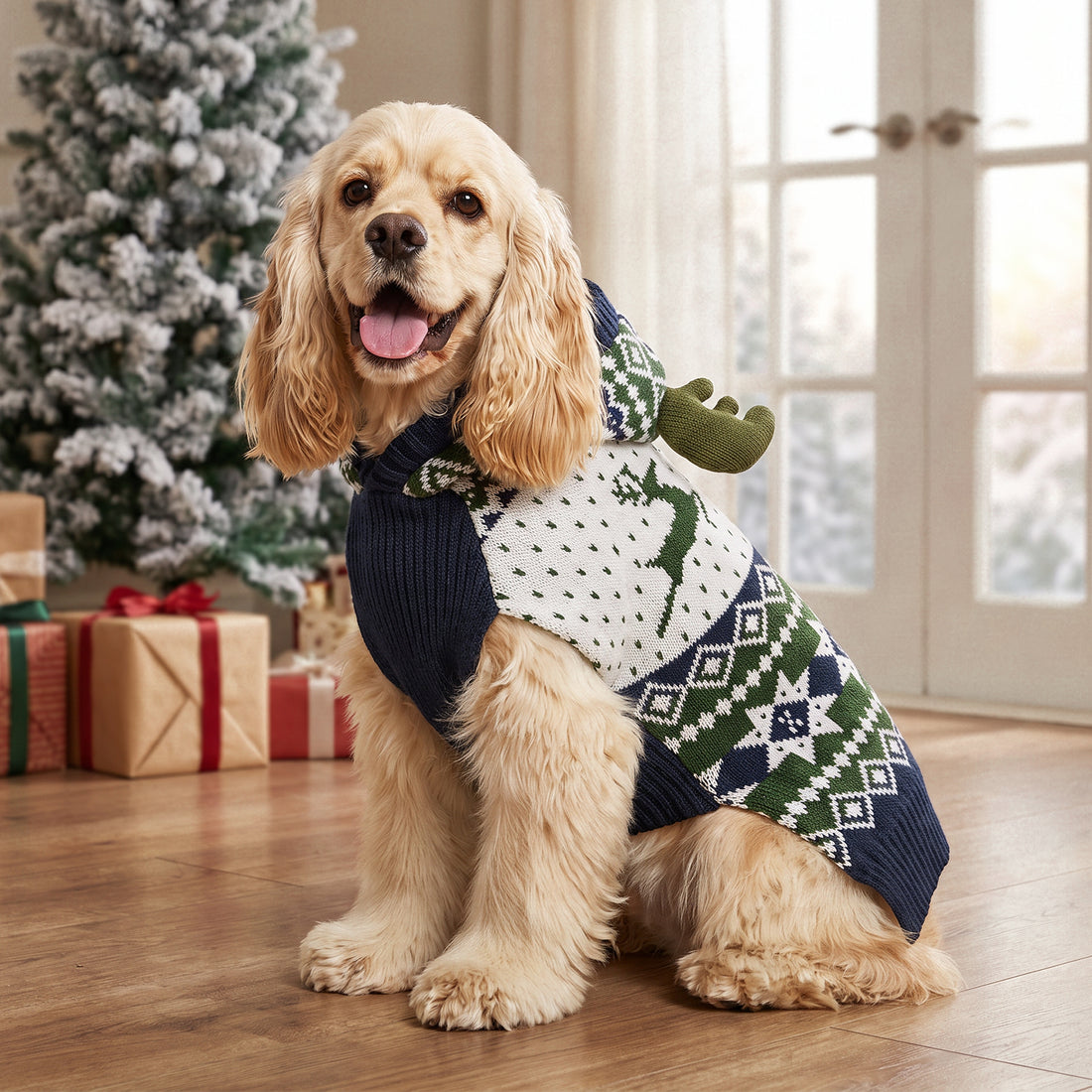 Spaniel showing the navy belly and green snowflake pattern on the reindeer hooded sweater