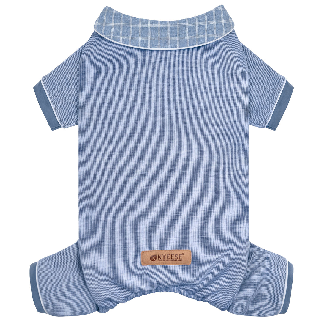 Blue ribbed collared thermal dog pajamas flat lay with four leg cuffs, checked collar and brown KYEESE label