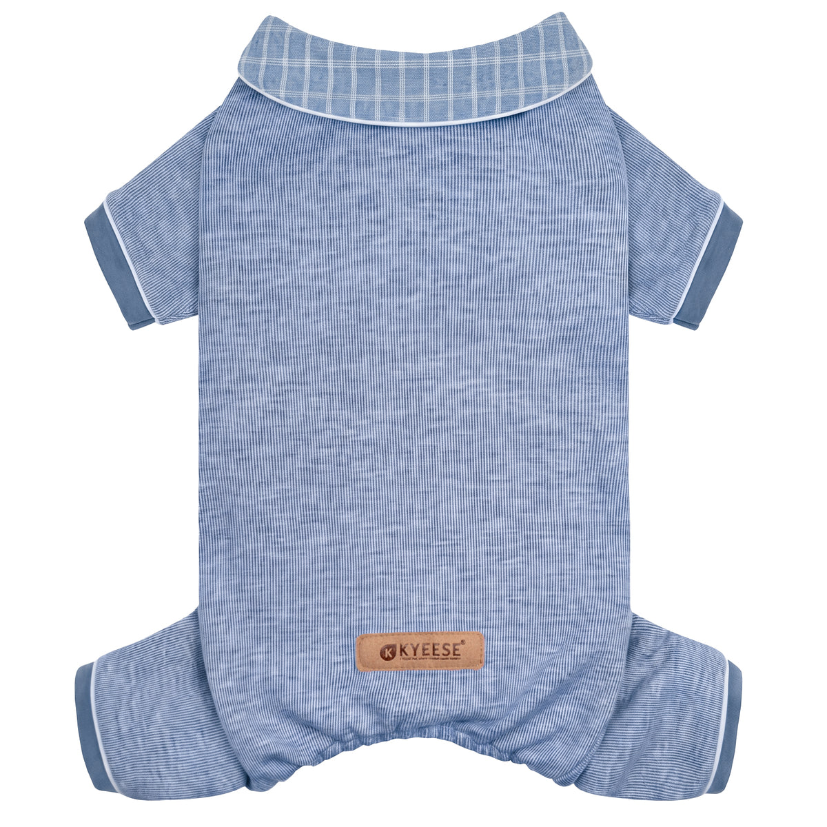 Blue ribbed collared thermal dog pajamas flat lay with four leg cuffs, checked collar and brown KYEESE label