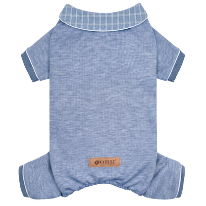 Blue ribbed collared thermal dog pajamas flat lay with four leg cuffs, checked collar and brown KYEESE label