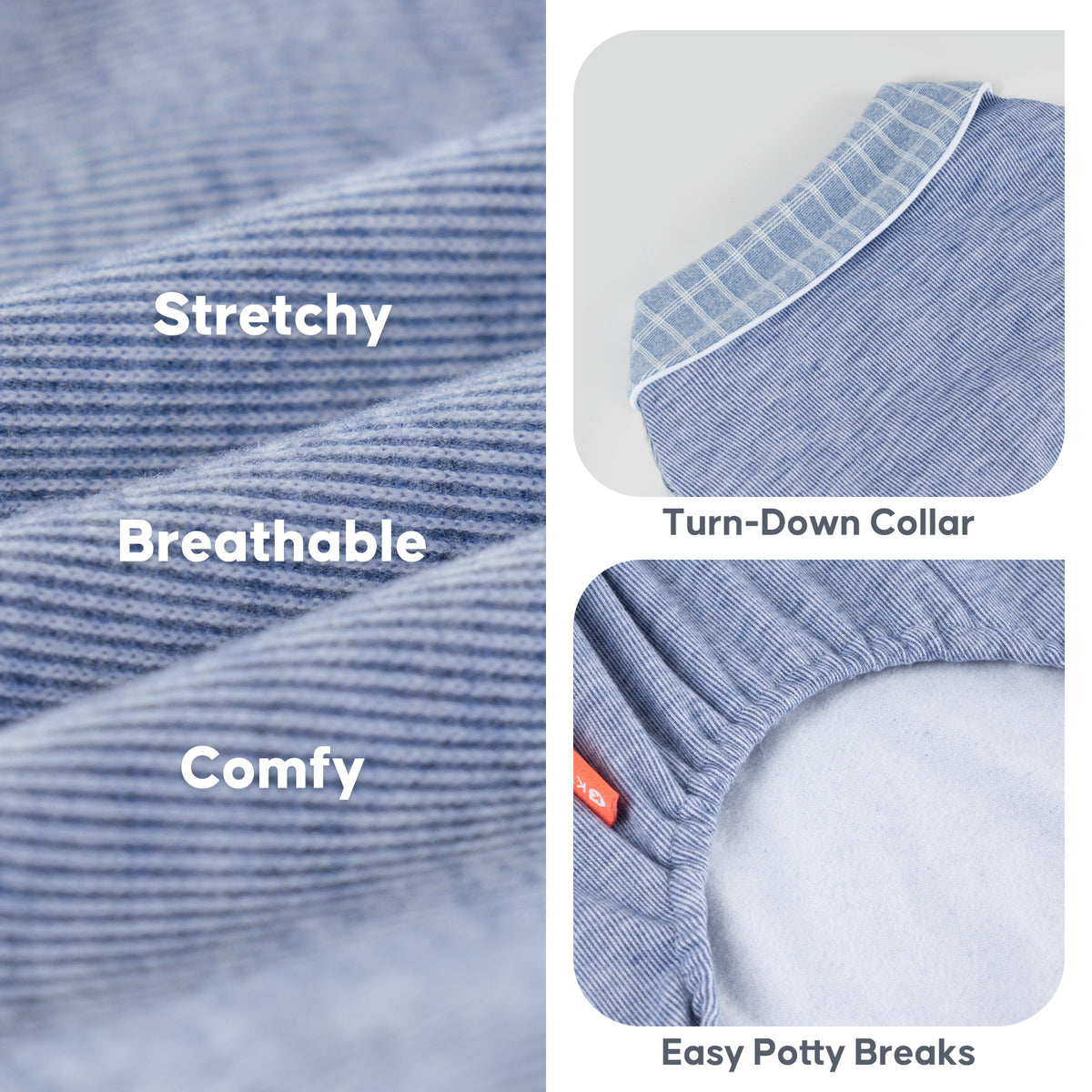 Blue dog pajamas details showing narrow striped stretchy fabric, checked turn-down collar and elastic belly opening